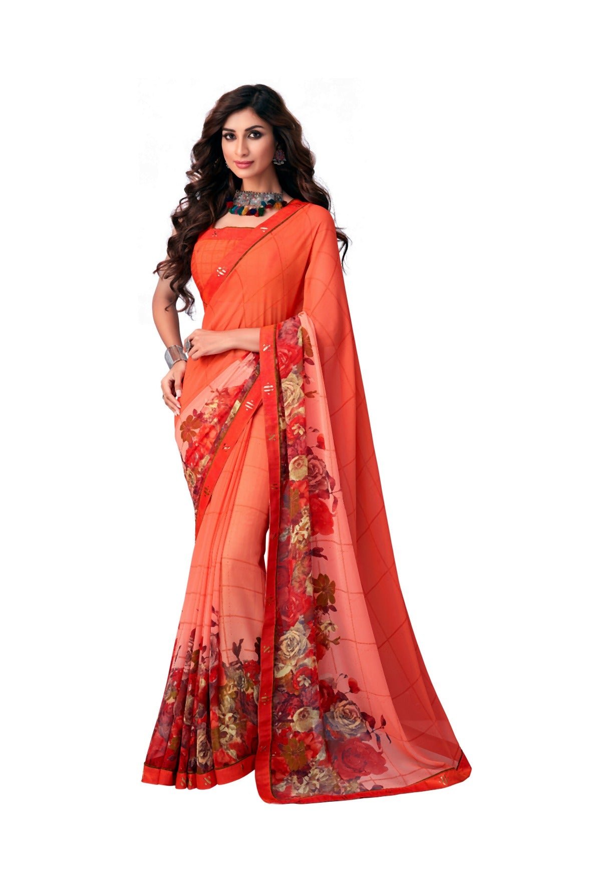 Women's And Girl's Readymade Japanese Crepe Saree With Stitched