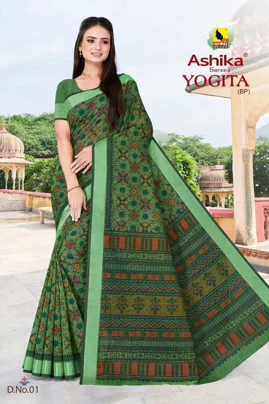 LINEN SAREE WITH PRINT AND ZARI BORDER