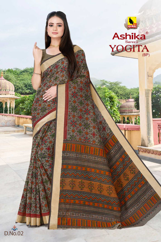 LINEN SAREE WITH PRINT AND ZARI BORDER