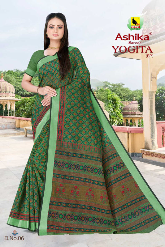 LINEN SAREE WITH PRINT AND ZARI BORDER