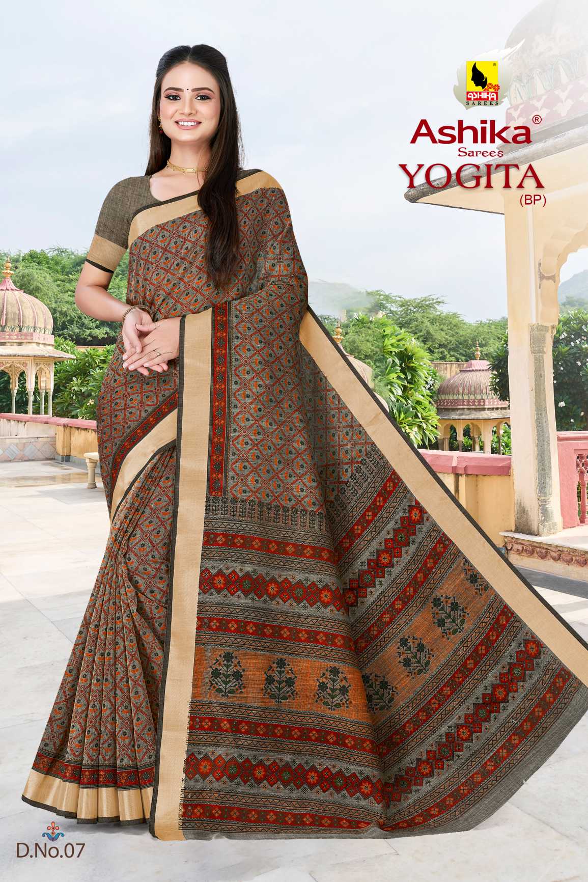 LINEN SAREE WITH PRINT AND ZARI BORDER