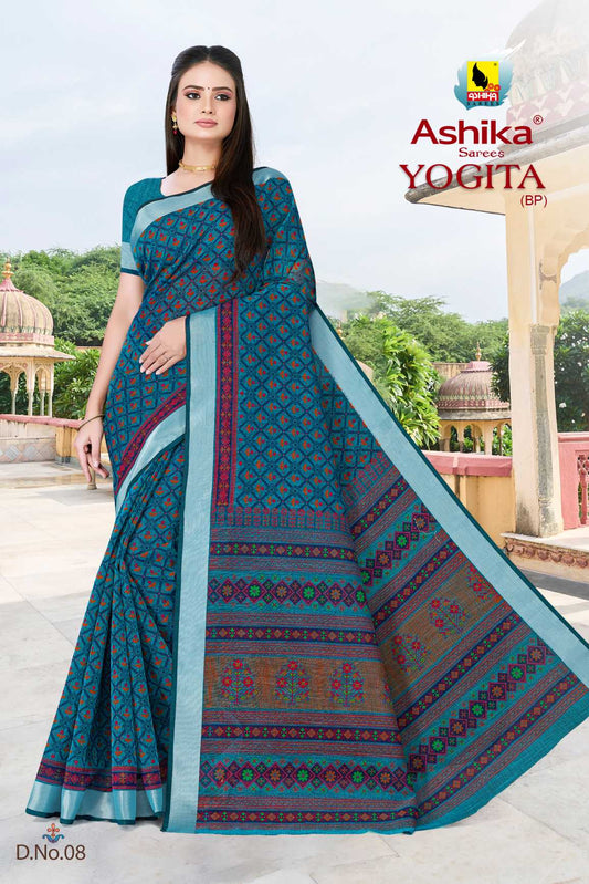 LINEN SAREE WITH PRINT AND ZARI BORDER