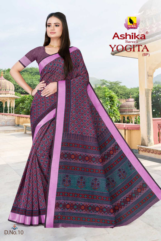 LINEN SAREE WITH PRINT AND ZARI BORDER