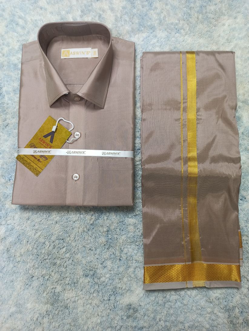 Art Silk Dothi Set  Shirt,Dothi,Kerchief &Belt- 3 In 1 ( Small Border)