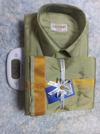 Art Silk Dothi Set  Shirt,Dothi,Kerchief &Belt- 3 In 1 ( Small Border)