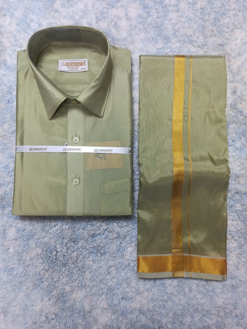 Art Silk Dothi Set  Shirt,Dothi,Kerchief &Belt- 3 In 1 ( Small Border)