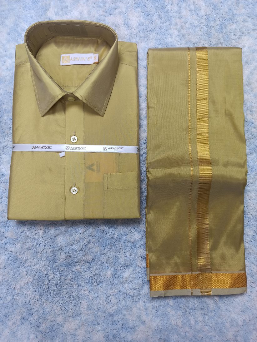 Art Silk Dothi Set  Shirt,Dothi,Kerchief &Belt- 3 In 1 ( Small Border)