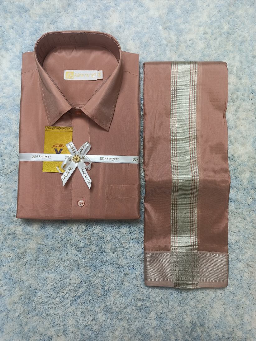 Art Silk Dothi Set  Shirt,Dothi,Kerchief &Belt- 3 In 1 ( Big Border)