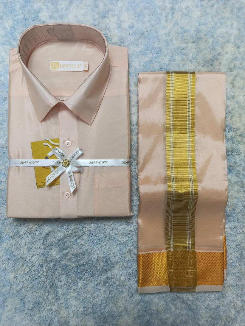 Art Silk Dothi Set  Shirt,Dothi,Kerchief &Belt- 3 In 1 ( Big Border)