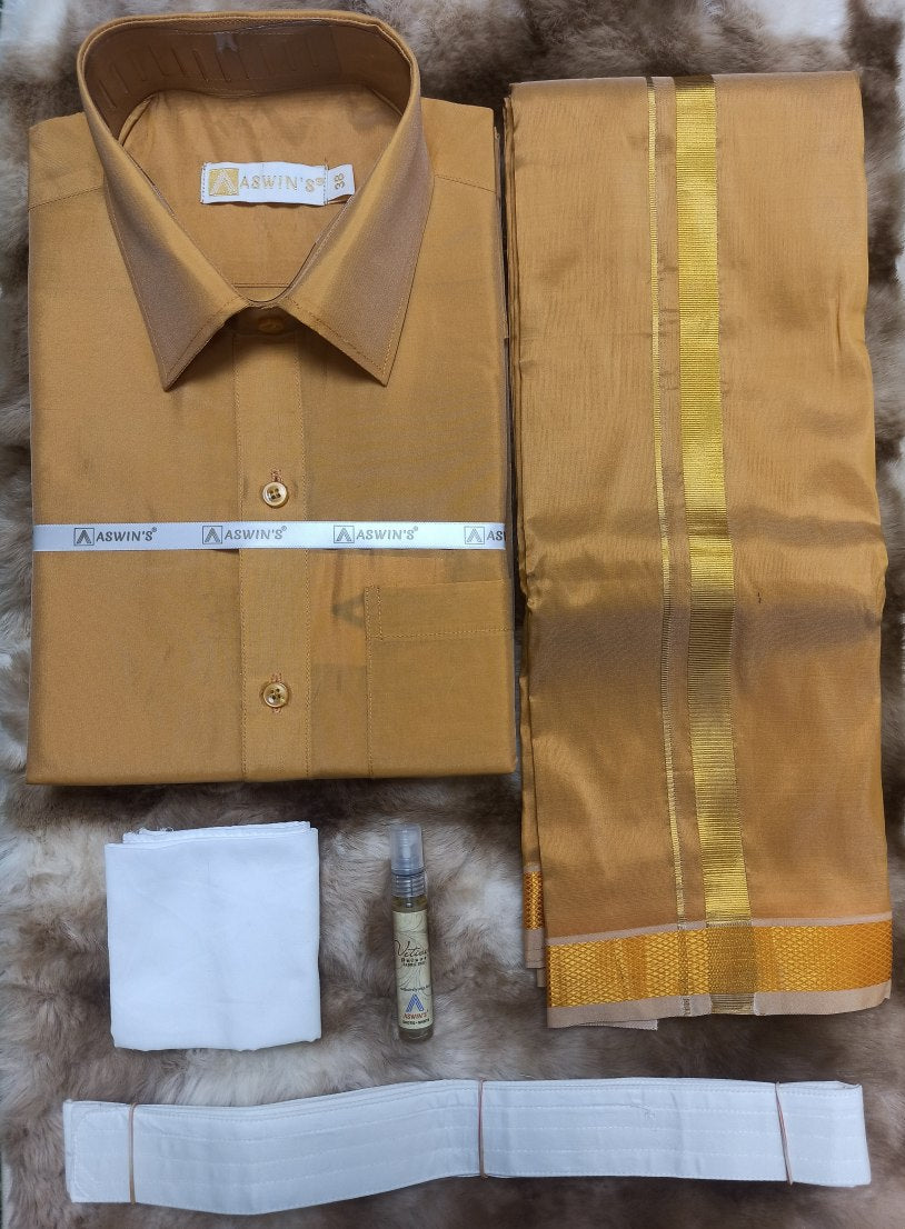 Art Silk Dothi Set  Shirt,Dothi,Kerchief &Belt- 3 In 1 ( Small Border)