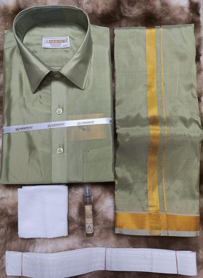 Art Silk Dothi Set  Shirt,Dothi,Kerchief &Belt- 3 In 1 ( Small Border)