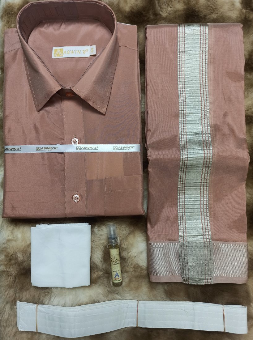 Art Silk Dothi Set  Shirt,Dothi,Kerchief &Belt- 3 In 1 ( Big Border)