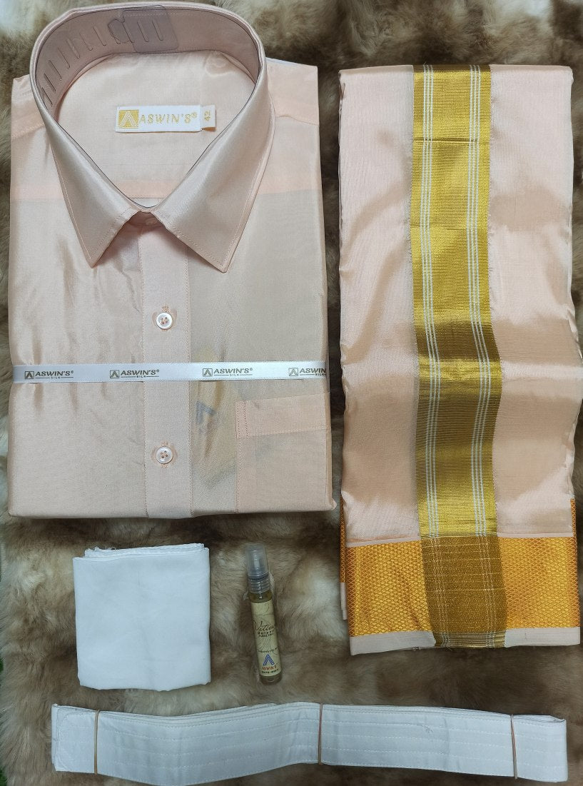 Art Silk Dothi Set  Shirt,Dothi,Kerchief &Belt- 3 In 1 ( Big Border)