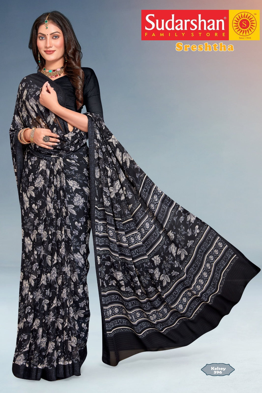 Black Graphic Synthetic Printed Saree