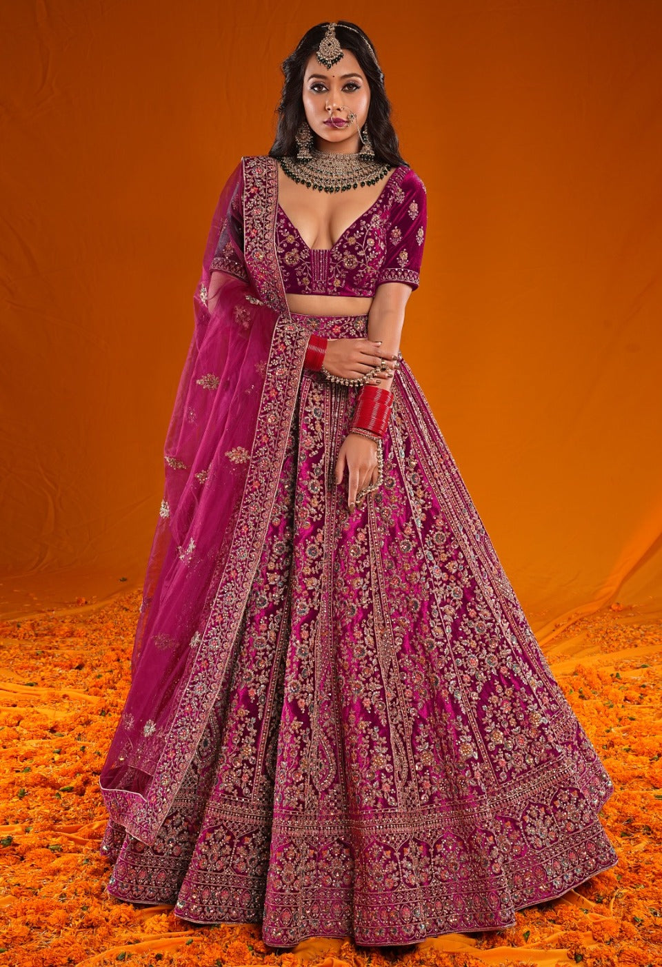 New Semi Stitiched Velvet Bridal Lehenga Choli