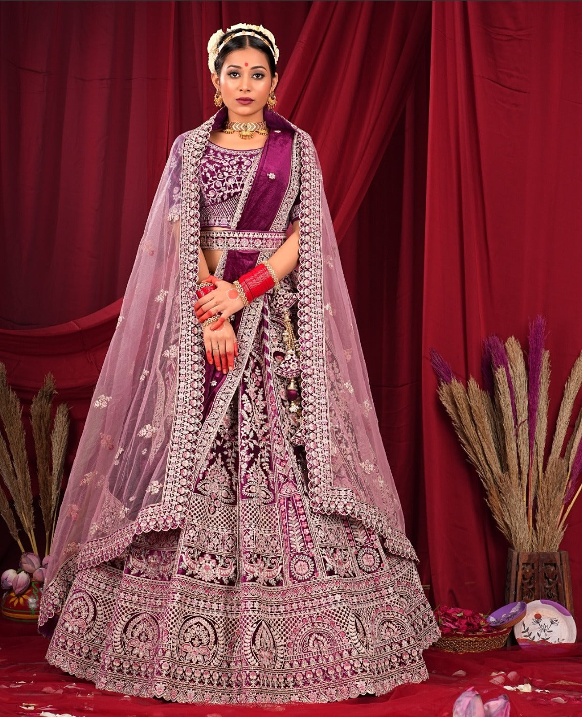 New Semi Stitiched Velvet Bridal Lehenga Choli