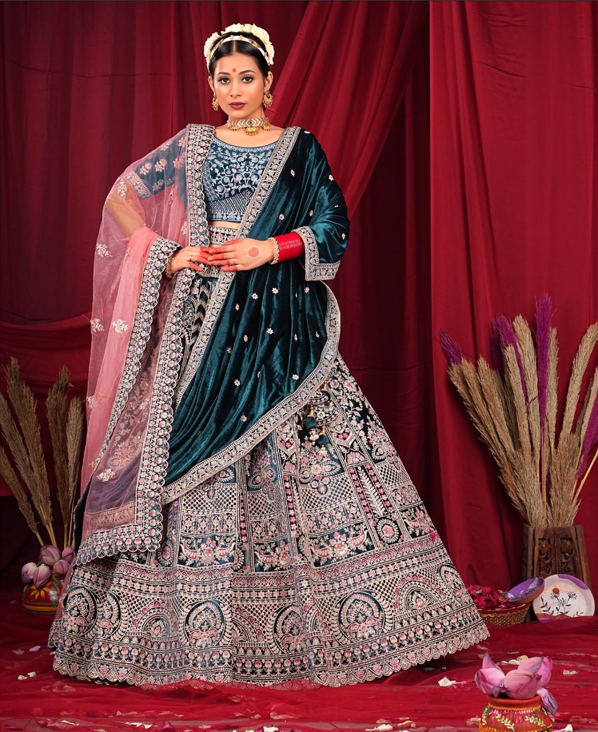 New Semi Stitiched Velvet Bridal Lehenga Choli