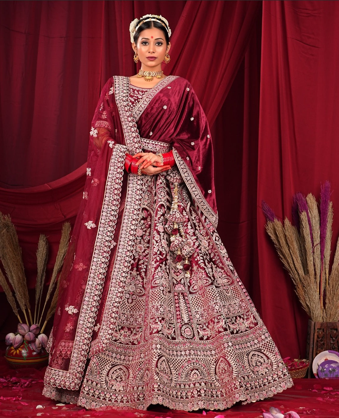 New Semi Stitiched Velvet Bridal Lehenga Choli