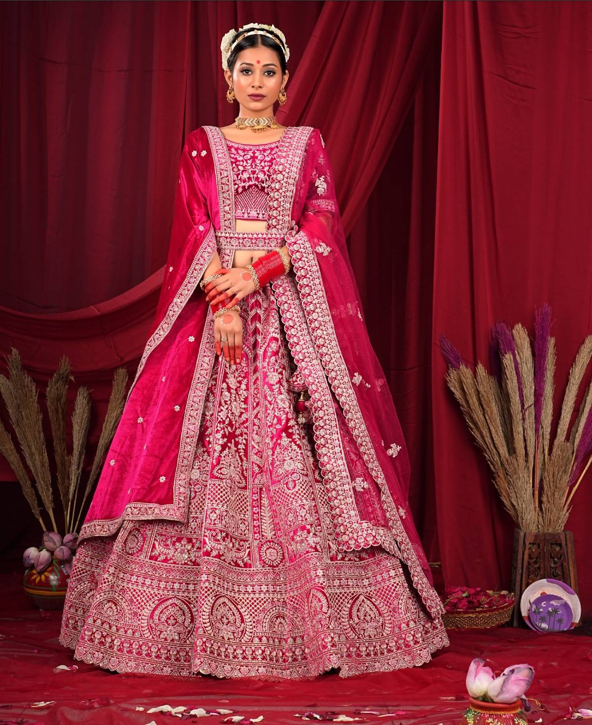 New Semi Stitiched Velvet Bridal Lehenga Choli