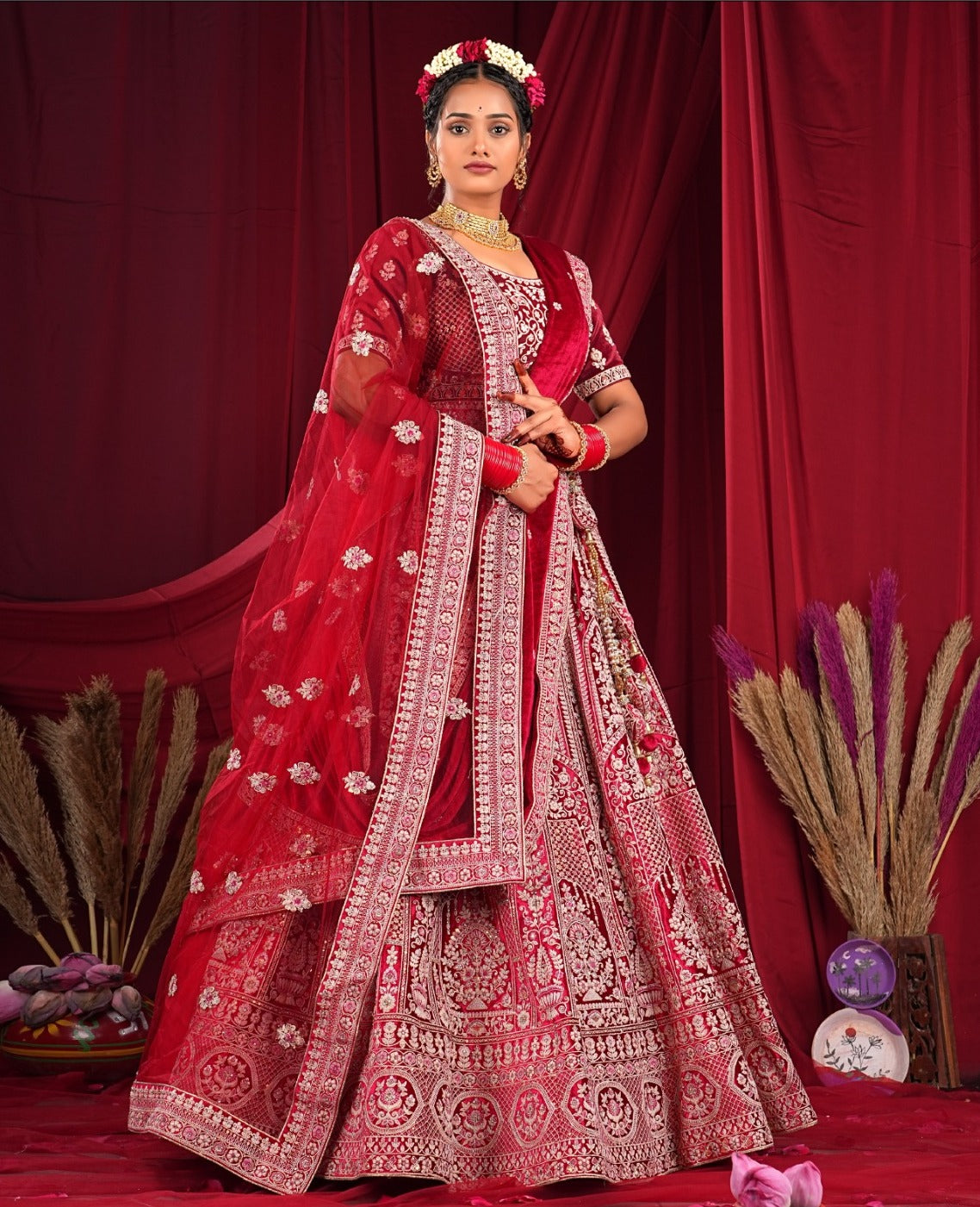 New Semi Stitiched Velvet Bridal Lehenga Choli