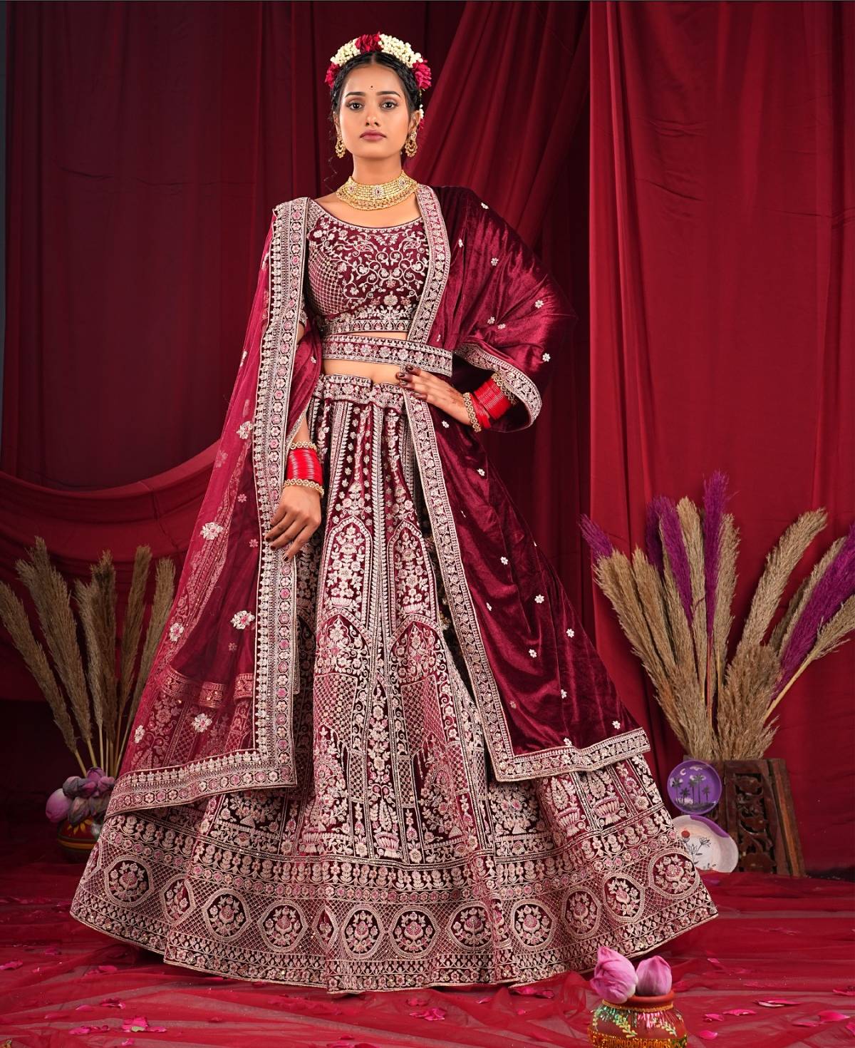 New Semi Stitiched Velvet Bridal Lehenga Choli