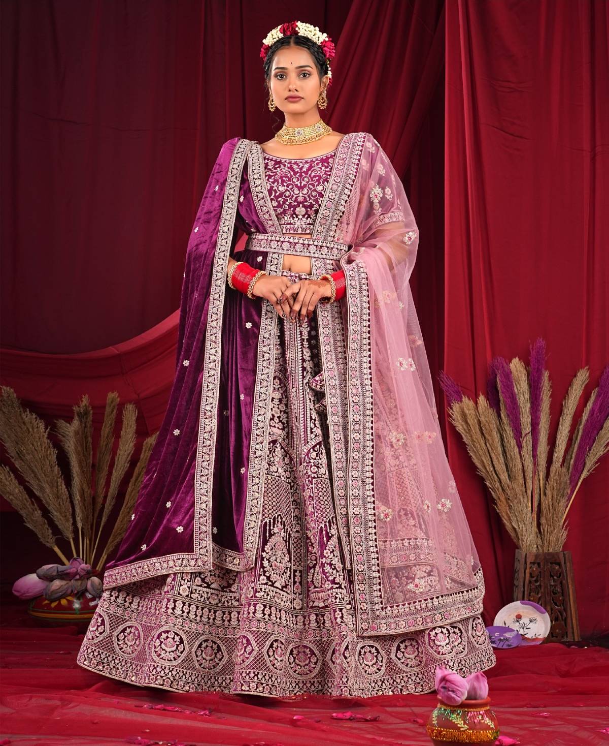 New Semi Stitiched Velvet Bridal Lehenga Choli