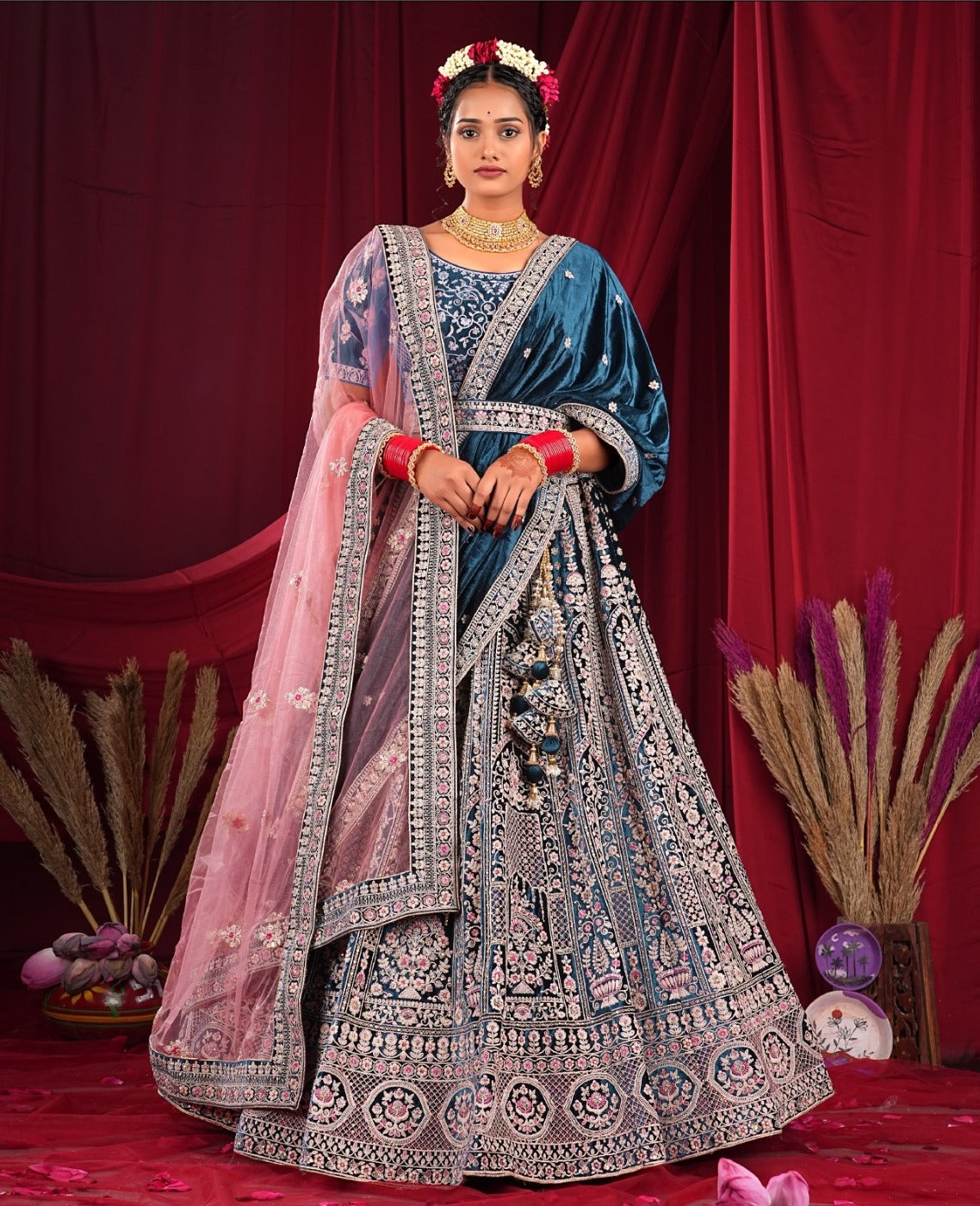 New Semi Stitiched Velvet Bridal Lehenga Choli