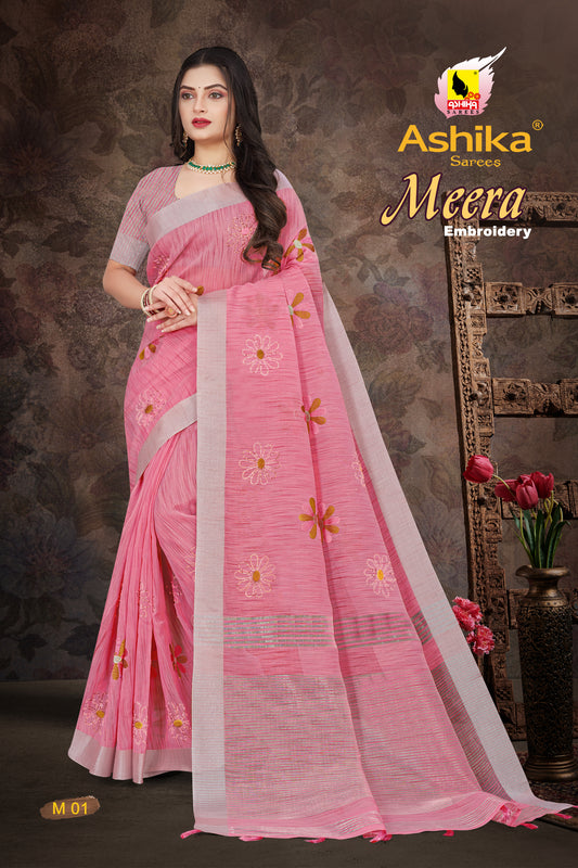 Linen Embroidery Work Saree With Copper Zari Border