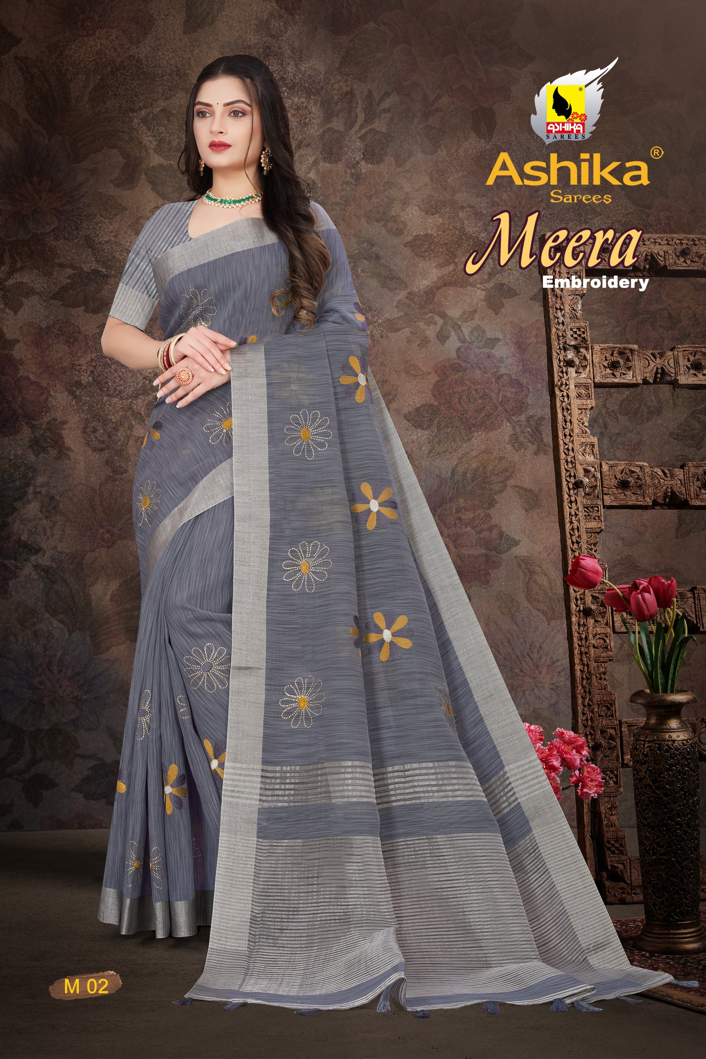 Linen Embroidery Work Saree With Copper Zari Border