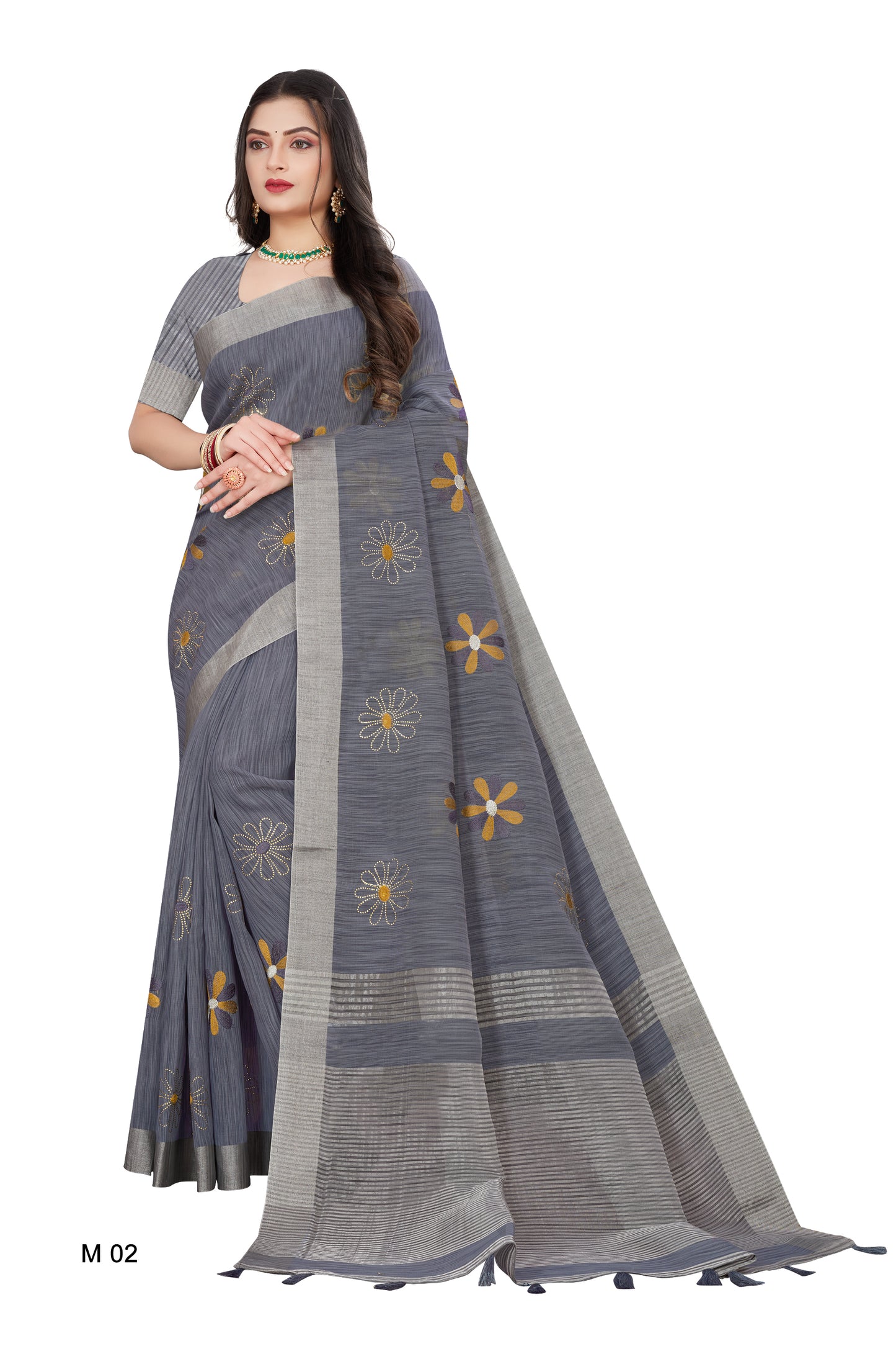 Linen Embroidery Work Saree With Copper Zari Border