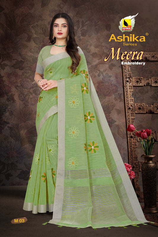 Linen Embroidery Work Saree With Copper Zari Border