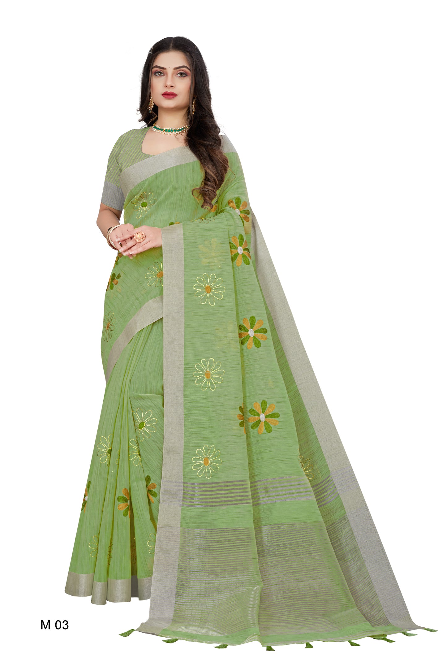 Linen Embroidery Work Saree With Copper Zari Border