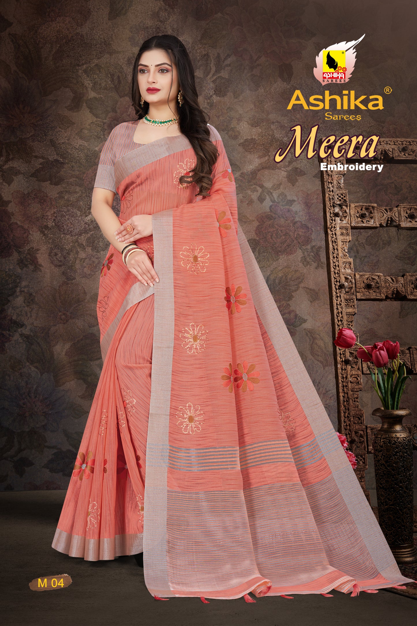 Linen Embroidery Work Saree With Copper Zari Border