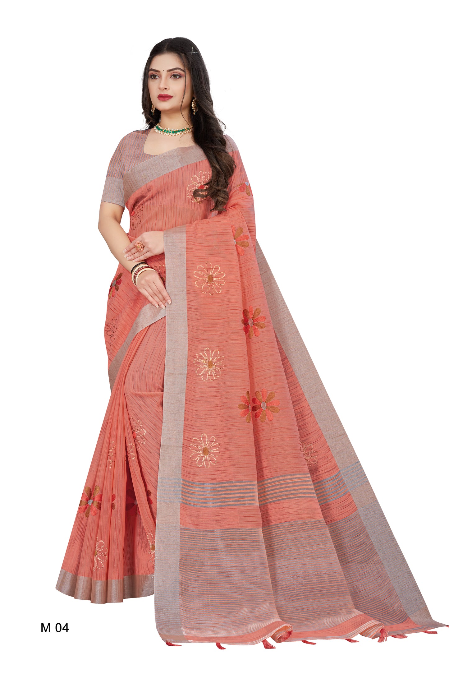 Linen Embroidery Work Saree With Copper Zari Border