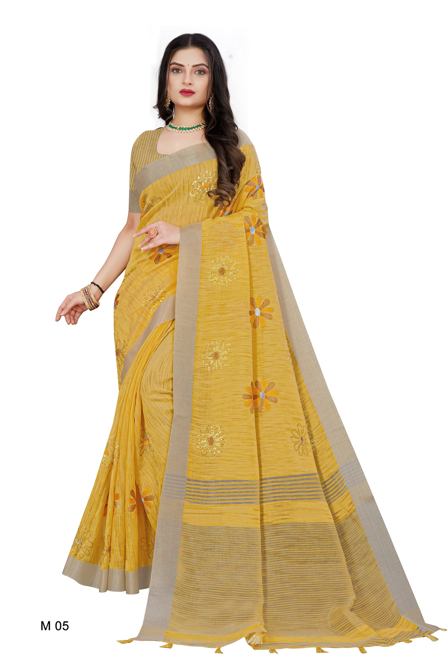 Linen Embroidery Work Saree With Copper Zari Border