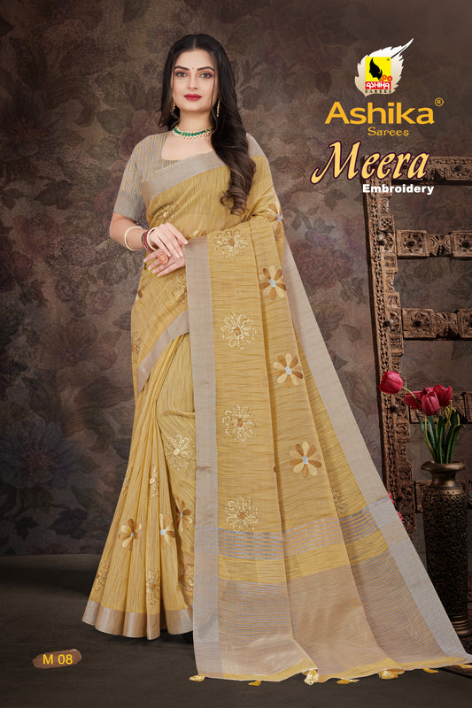 Linen Embroidery Work Saree With Copper Zari Border