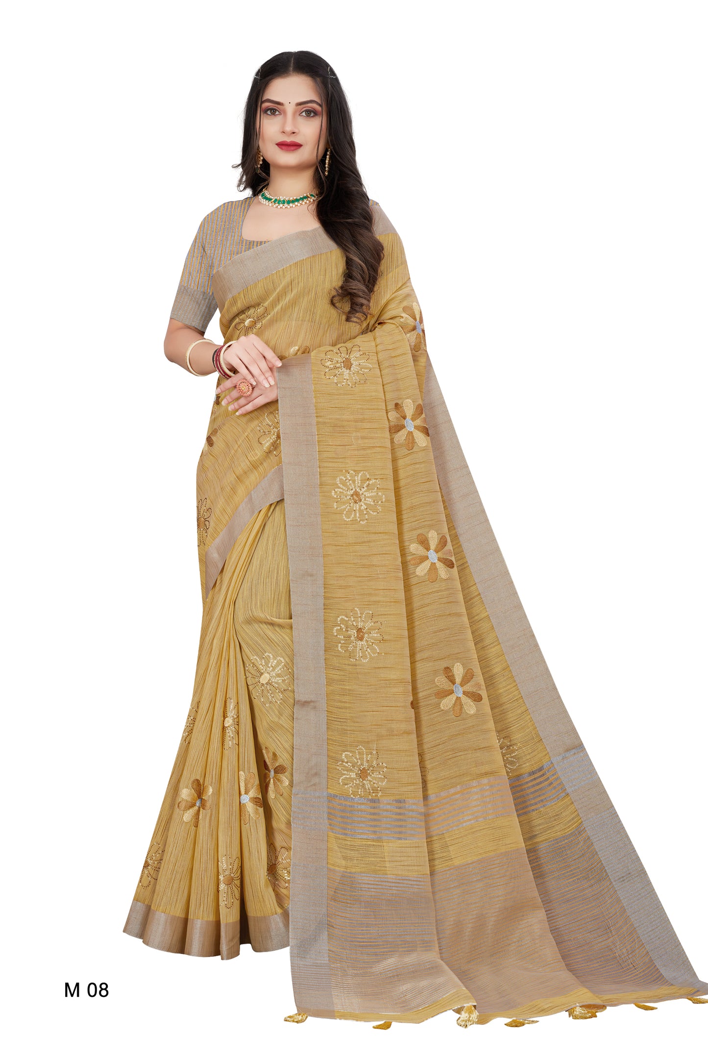 Linen Embroidery Work Saree With Copper Zari Border