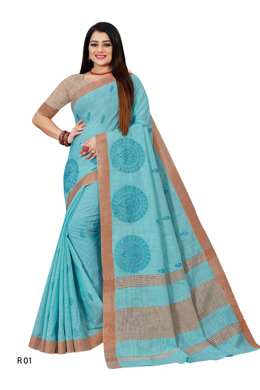 Linen Embroidery Work Saree With Copper Zari Border