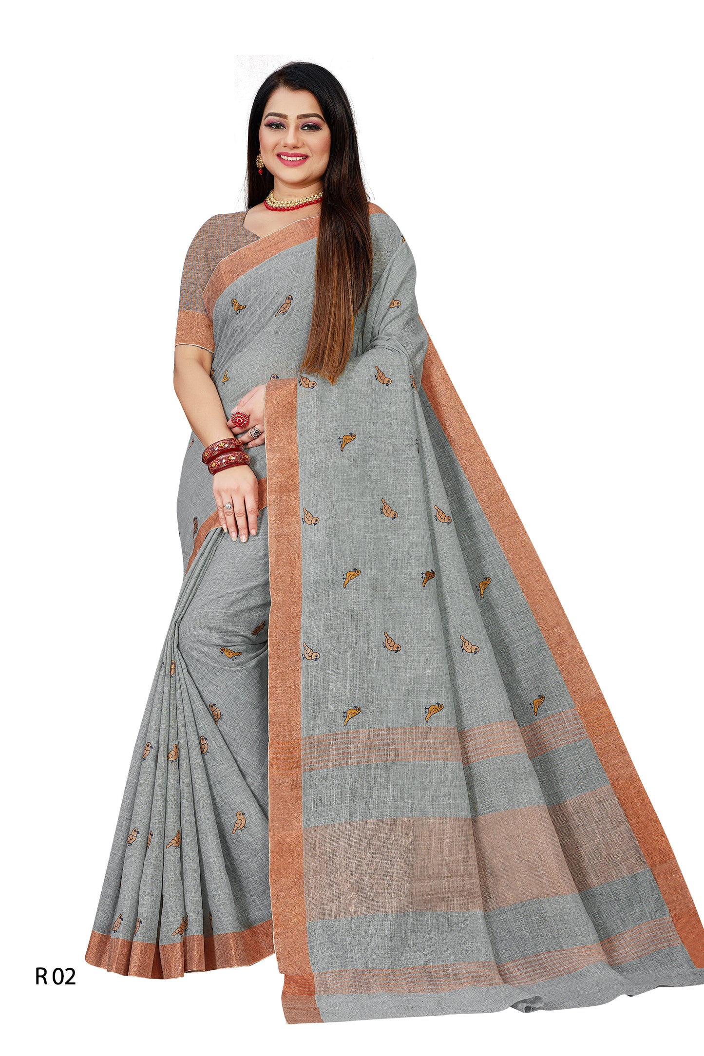 Linen Embroidery Work Saree With Copper Zari Border