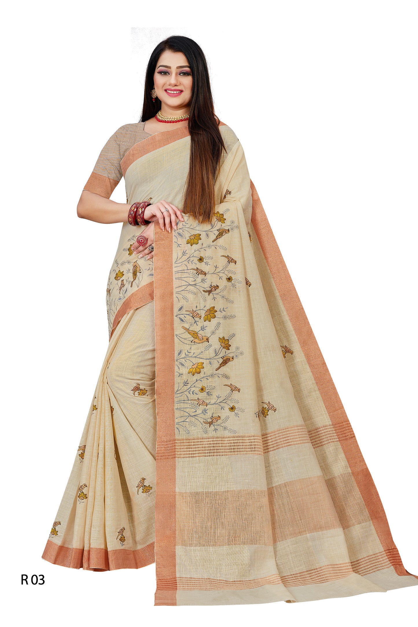 Linen Embroidery Work Saree With Copper Zari Border