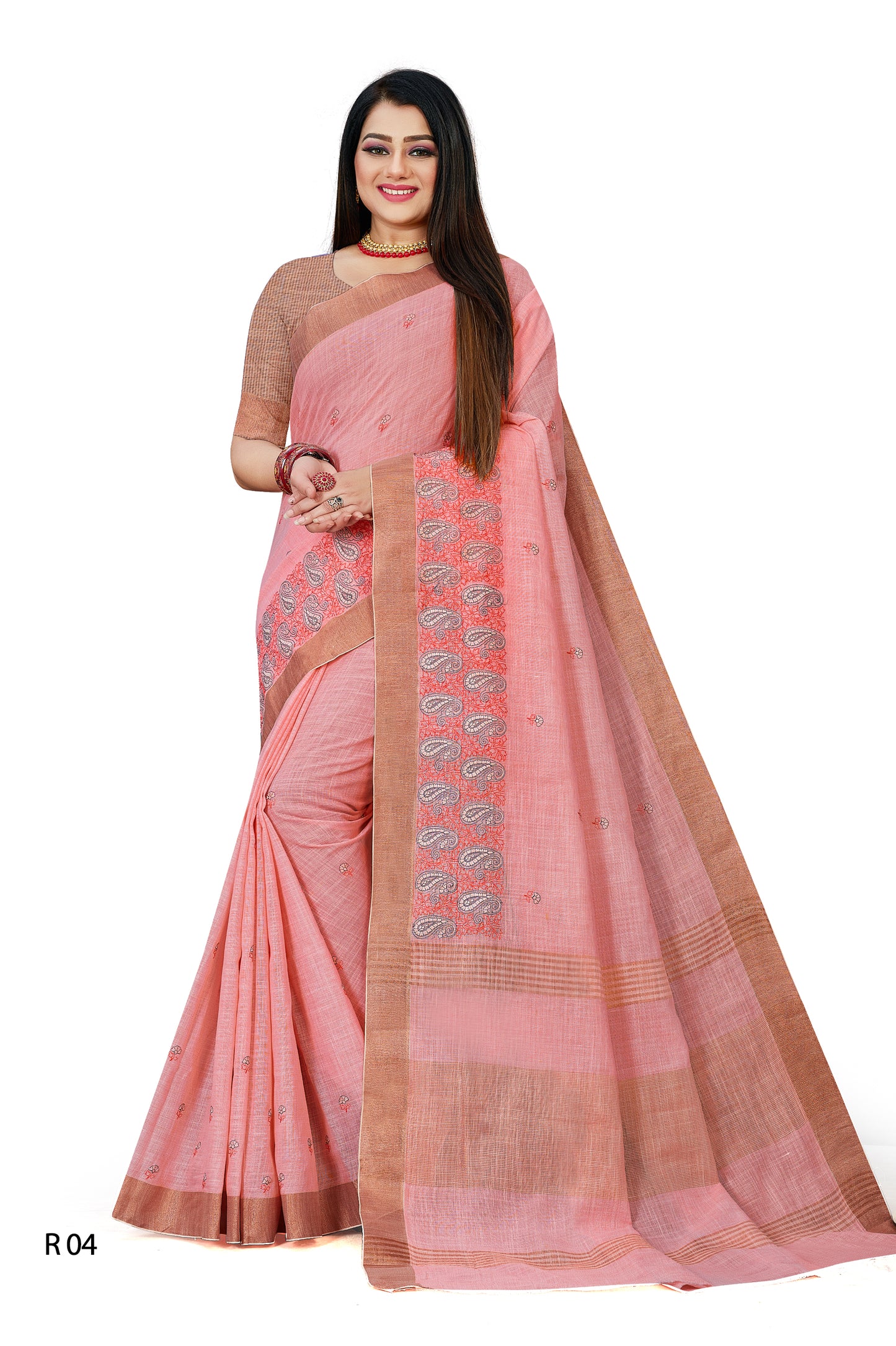 Linen Embroidery Work Saree With Copper Zari Border