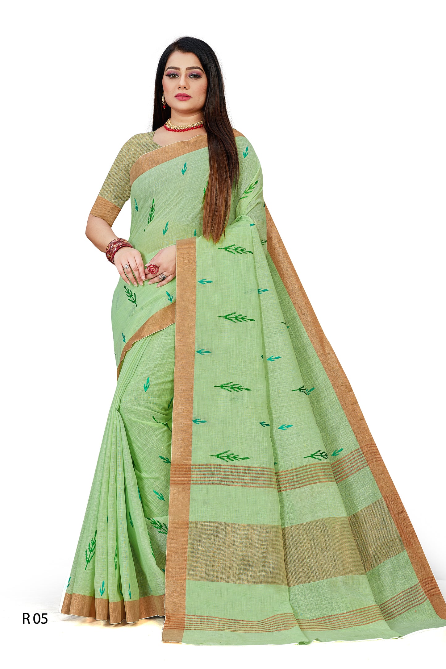 Linen Embroidery Work Saree With Copper Zari Border