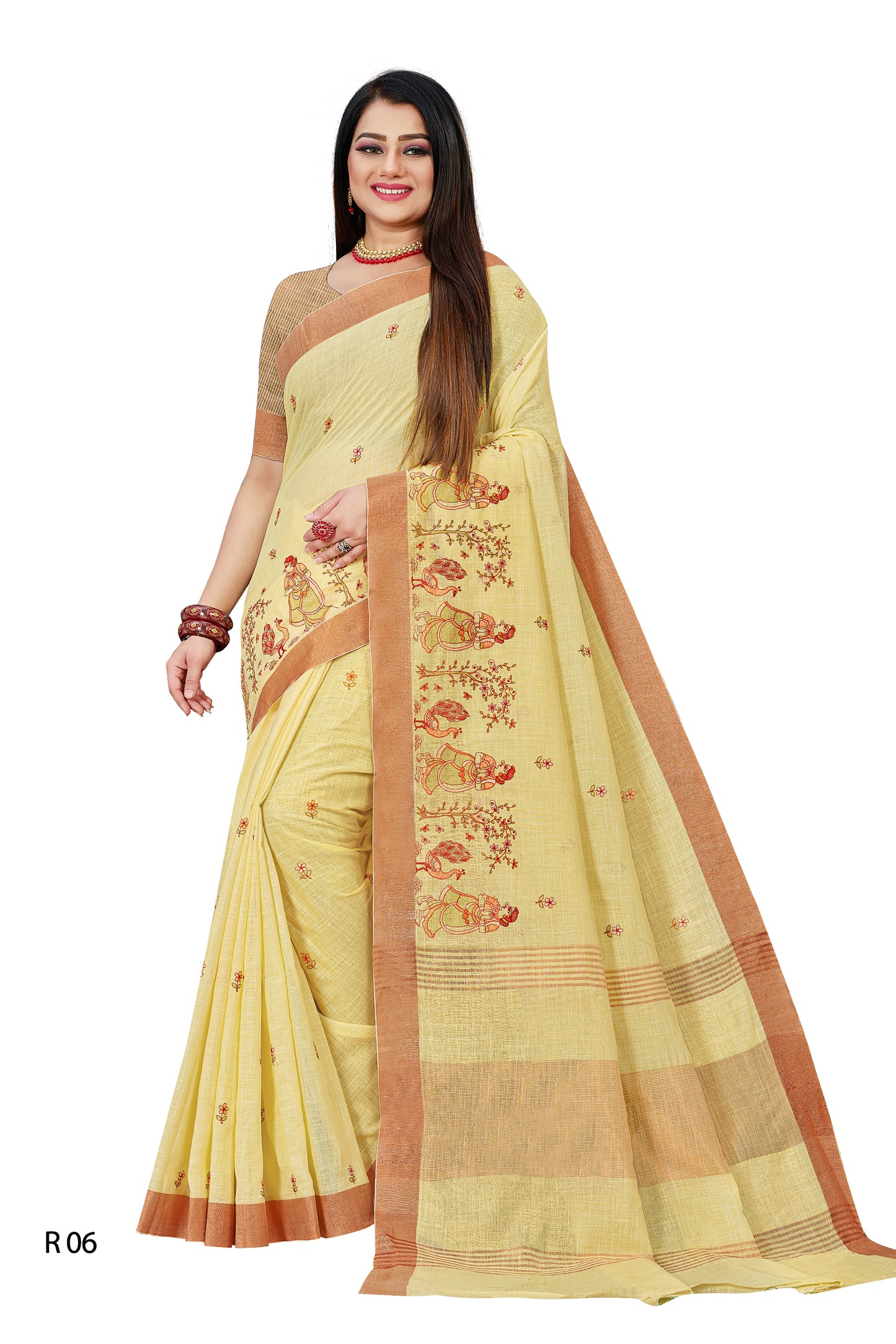 Linen Embroidery Work Saree With Copper Zari Border