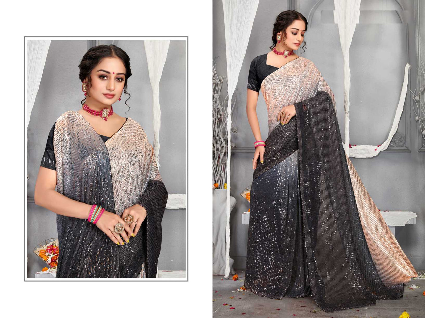 TRENDY SEQUENCE EMBROIDERY WORK WITH DIGITAL PRINT SAREE