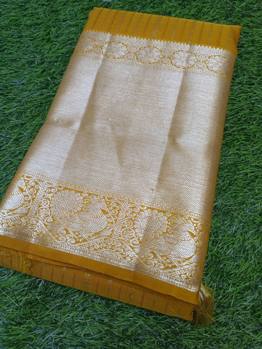 Yellow KANCHI Pure silk  Handwoven Wedding Festival Heavy Border Saree