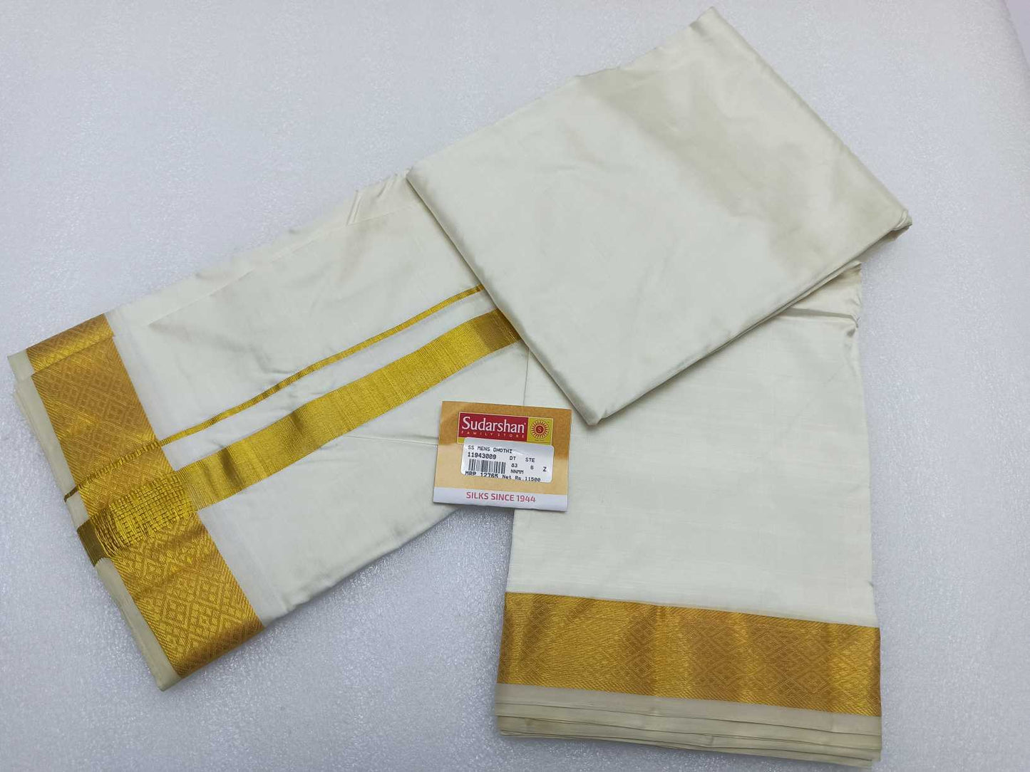 Dhothi 100% pure silk 8 yards dothi X 4yards shalya 1 cm Border, Gold Jari