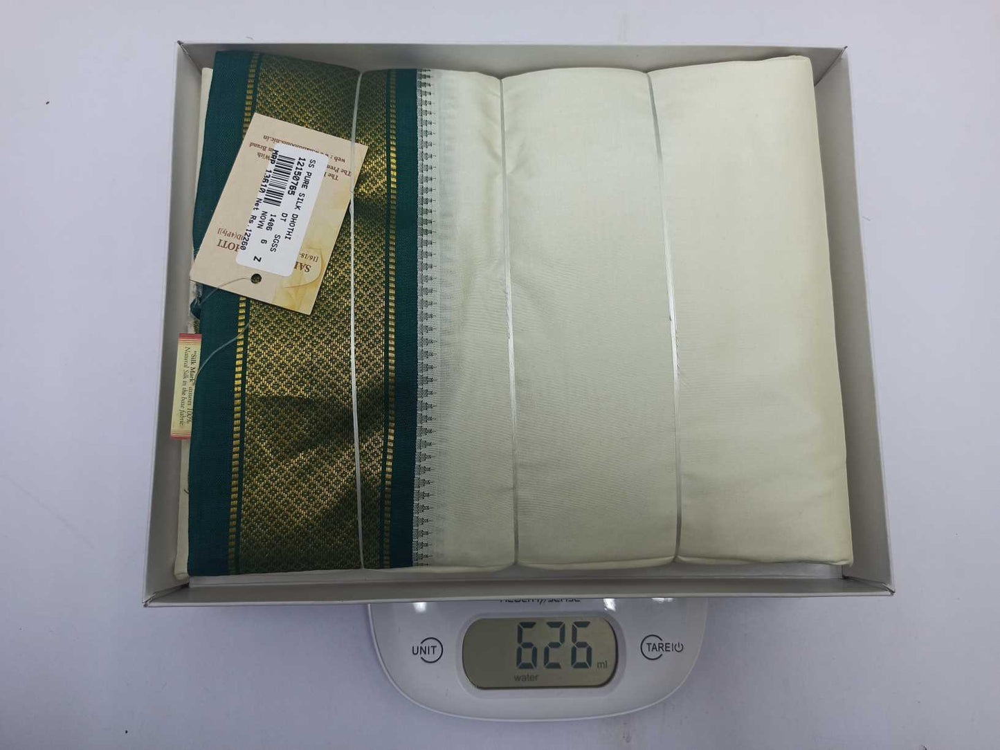 Dhothi 100% pure silk 8 yards dothi X 4yards shalya, Ganga Jamuna 1 cm  Border .