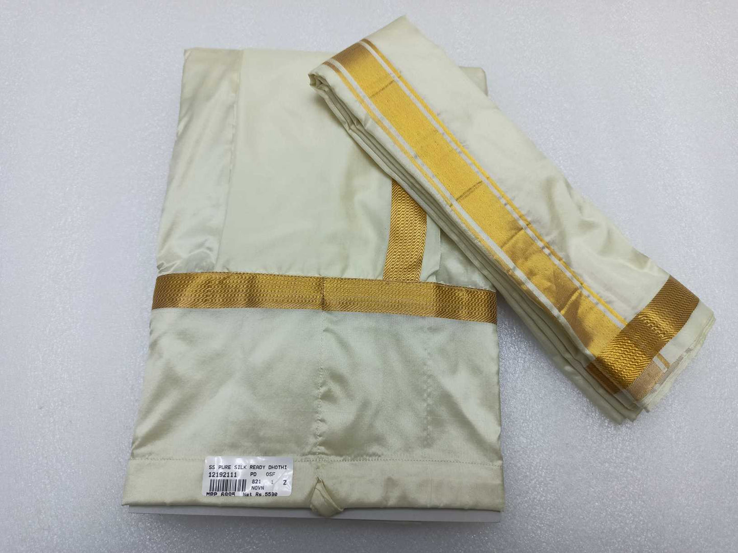 100% pure silk Ready Dhothi With shalya 1 cm Border Gold Jari