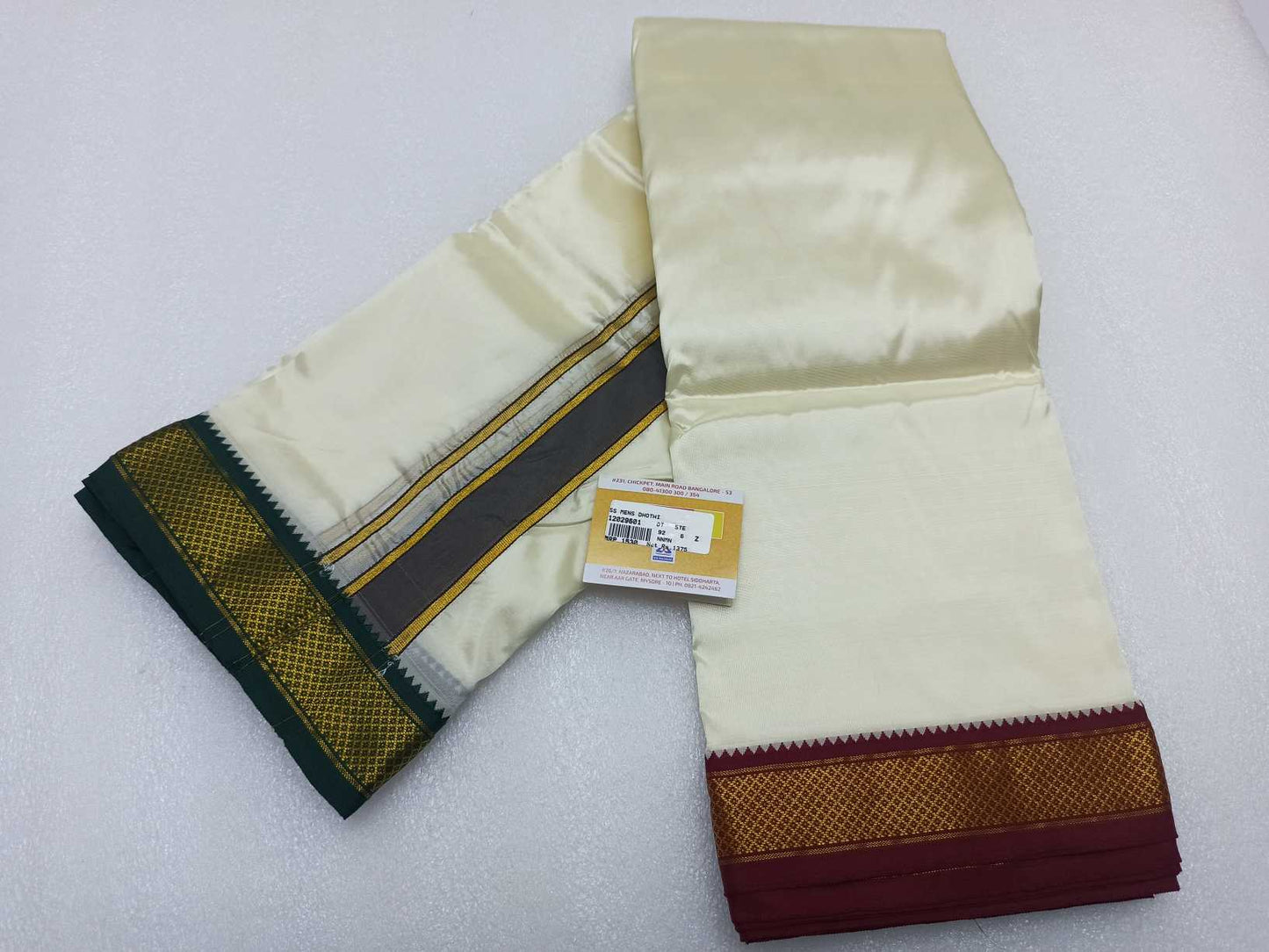 Raw silk Dhothi 8 yards dothi X 4yards shalya, Ganga Jamuna 1 cm Border .