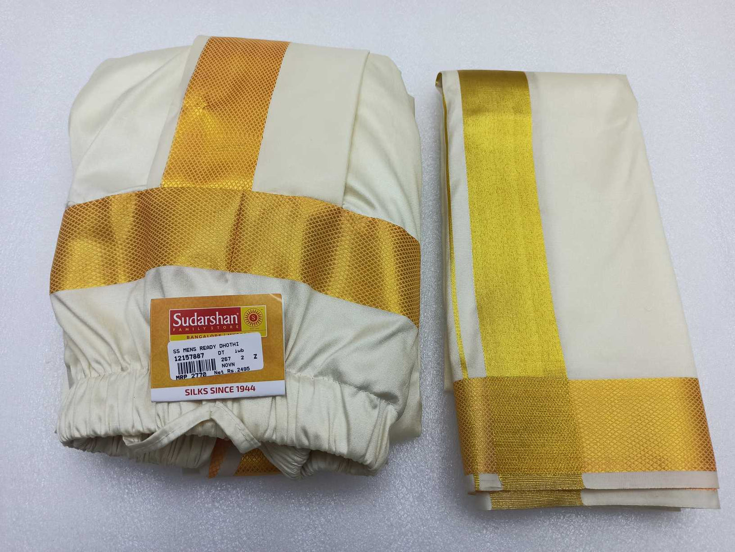 Raw silk Ready Dhothi With shalya 1 Inch Border Gold Jari